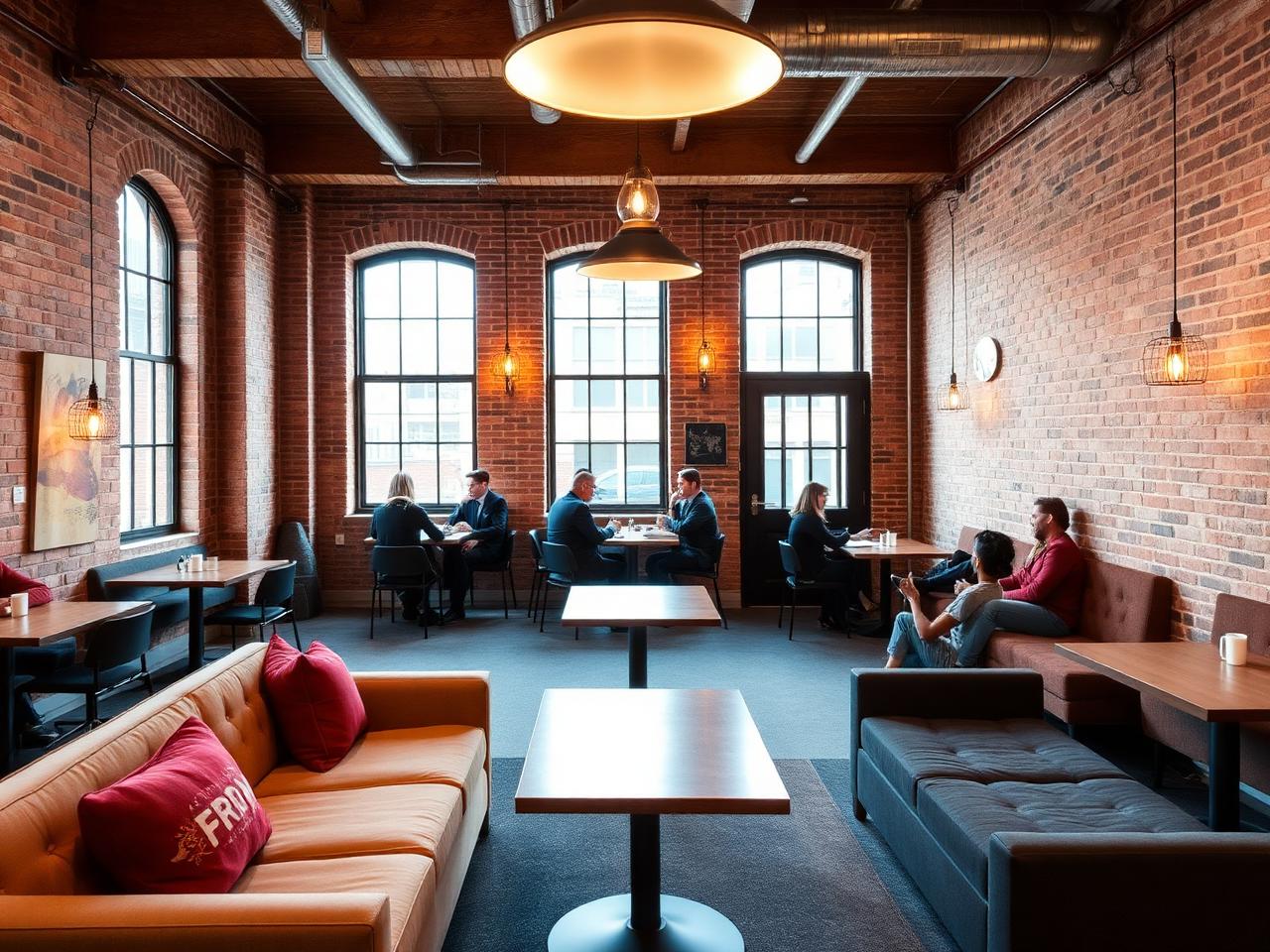 Communal office lounge area at Desk123 Manchester with brick walls and shared workspaces